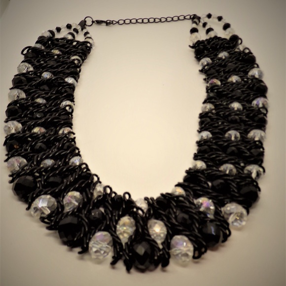 Black "Crochet" Wire w/AB Glass Beads Bib Choker - Picture 1 of 4